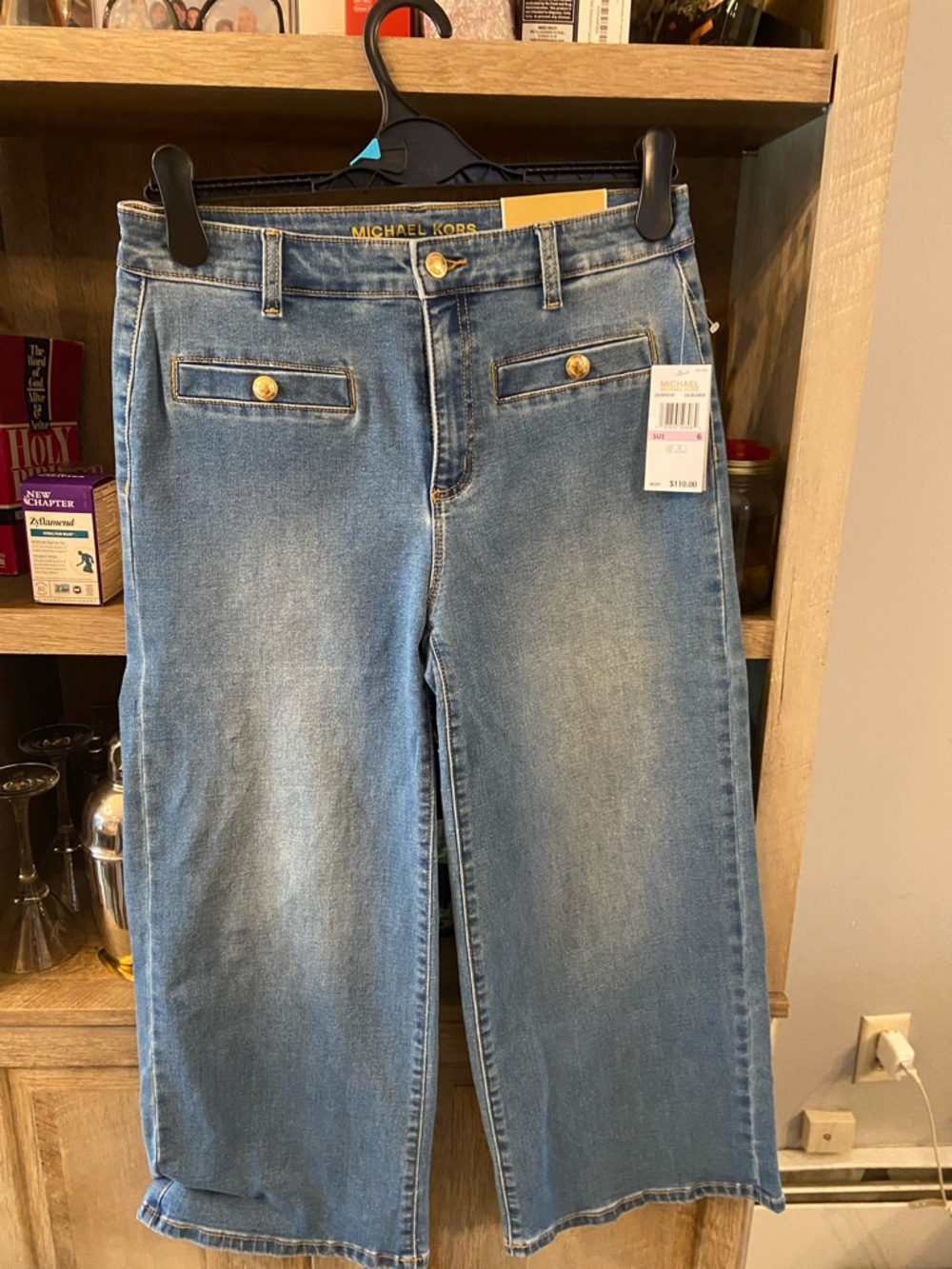 Michael Kors Medium Blue Wide-Leg Cropped Jeans with Gold Buttons